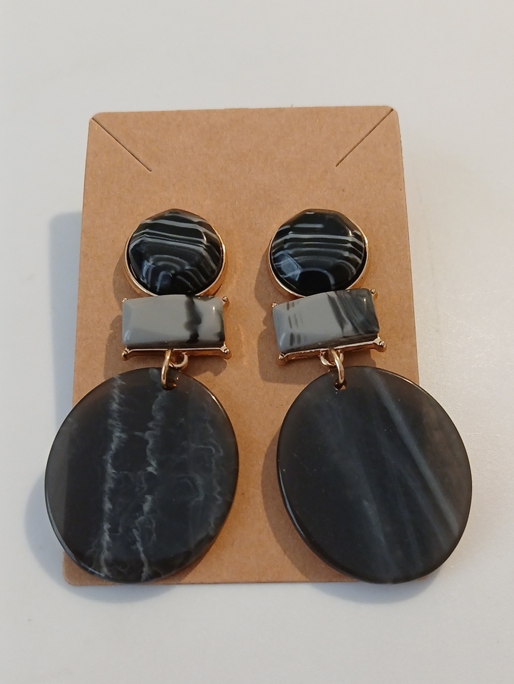 Fashion Jewelry Black Marbled Gold-Edge Drop Earrings